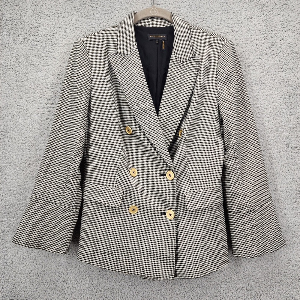Donna Karan New York Houndstooth Double Breasted Blazer Jacket Black‎ White XS